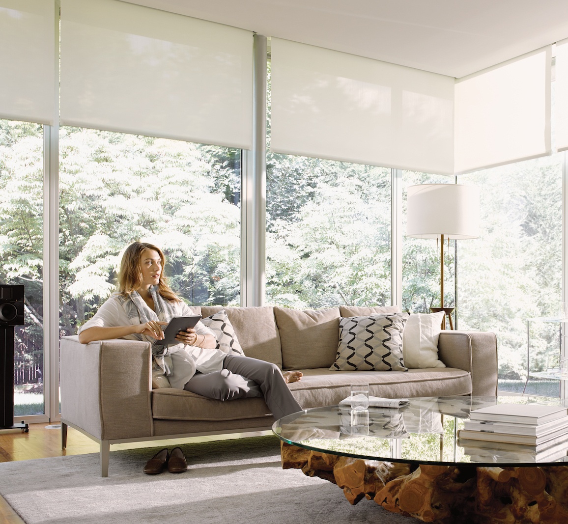 Living room with full-wall windows and shades